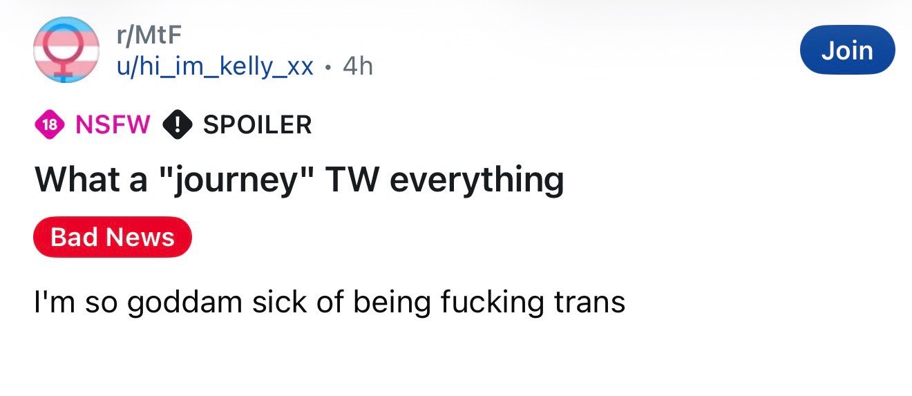 “I’m so goddam sick of being f—ing trans” Then stop? No one is forcing you to pretend to be a lady, sir https://t.co/wIwaF7E8zx