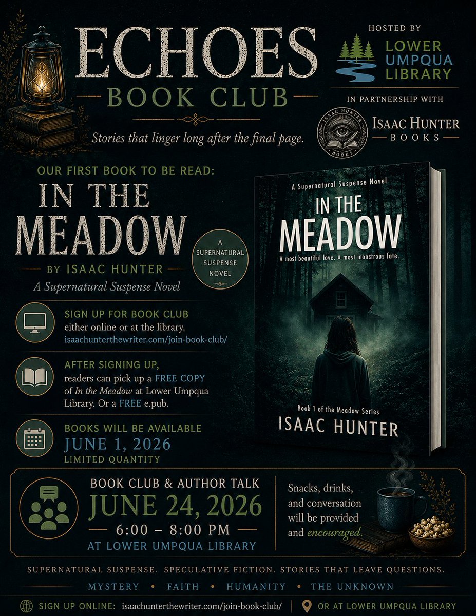 IsaacHunterBKS's tweet photo. Tomorrow is the launch of the Echoes Book Club at the Lower Umpqua Library in Reedsport. 📚

There will be giveaways, discussion, a short reading, Q&amp;A, and opportunities to connect with other readers.

📍 Lower Umpqua Library
📅 June 24
🕕 6:00 PM

Hope to see you there. https://t.co/BelZhSmOJA