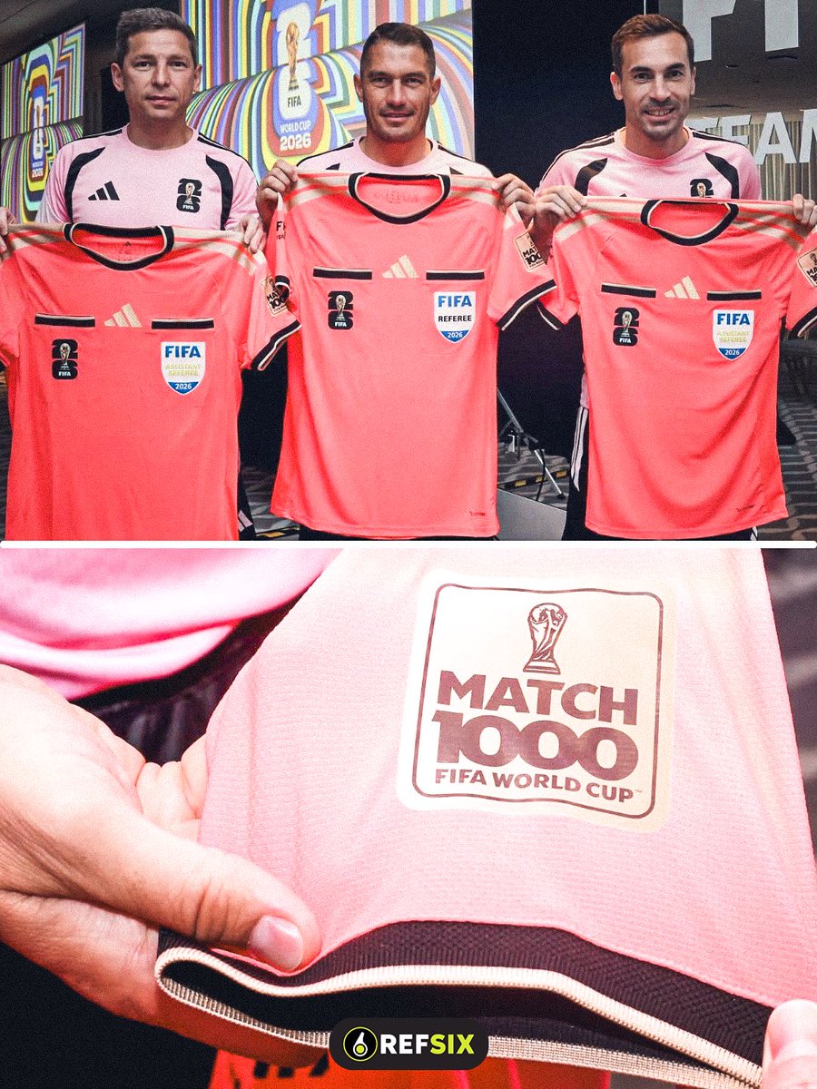 refsix's tweet photo. A referee shirt you’ll never see again. 👀✨

For the 1,000th match in World Cup history (Tunisia 🇹🇳 v Japan 🇯🇵), adidas made a one-off:

🥇 Gold sleeve stripes + gold logo
 🏆 Exclusive “MATCH 1000” trophy patch
 👕 Worn once, by 3 officials, never again

Collina handed it to István Kovács himself.

Most collectible kit of the tournament? 🫡

#WorldCup2026 #Match1000