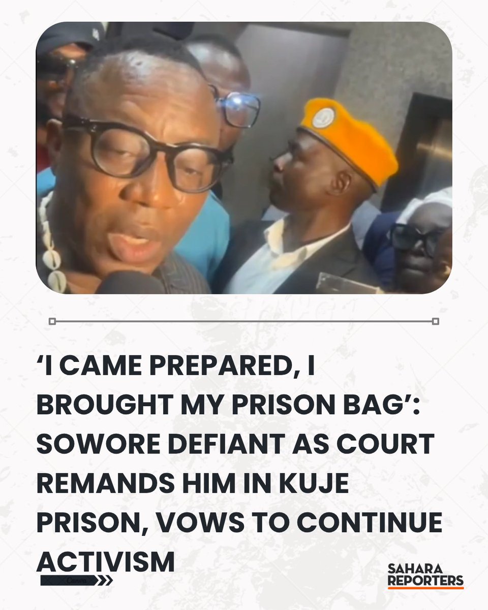 SaharaReporters's tweet photo. ‘I Came Prepared, I Brought My Prison Bag’: Sowore Defiant As Court Remands Him In Kuje Prison, Vows To Continue Activism | Sahara Reporters    https://t.co/6GFC2tWCDZ https://t.co/9FPJp5SpeZ
