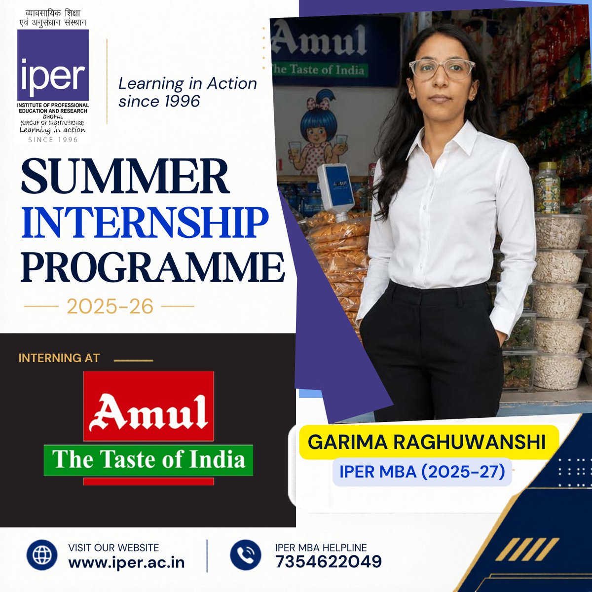 iperbhopal's tweet photo. 🎉 Congratulations to Garima Raghuwanshi (IPER MBA 2025–27) on securing her Summer Internship at Amul – The Taste of India!

🎓 Admissions Open – 30th Batch (2026–28)
📞 7354622049

#IPER #MBA #Amul #Internship #FMCG #MBAAdmissions #FutureManagers #IndustryExposure https://t.co/Q8XuEYbNyA
