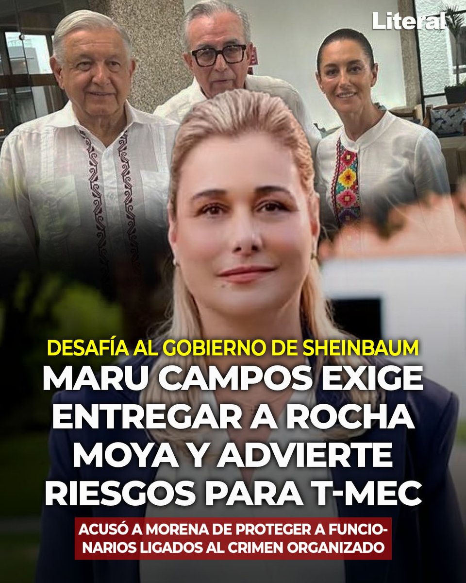 literalmexico's tweet photo. MARU CAMPOS EXIGE ENTREGAR A ROCHA MOYA advierte riesgos para T-MEC y defiende soberanía

La gobernadora de Chihuahua responsabilizó al Gobierno de Sheinbaum de deteriorar la relación con Estados Unidos al proteger a funcionarios señalados por presuntos vínculos con el crimen organizado

@MaruCampos_G pidió entregar al ex gobernador de Sinaloa a Moya a la justicia

📢 Más información en:
https://t.co/H1pbeNyJfU