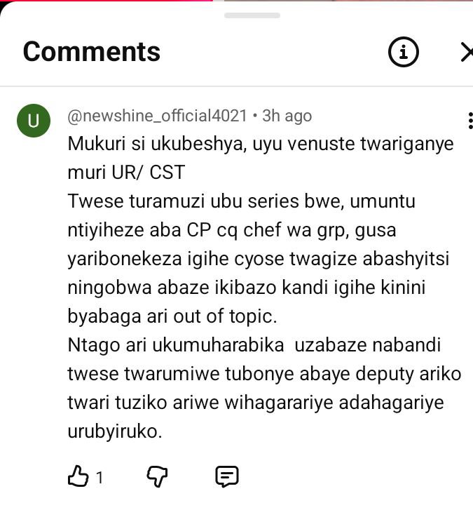mporerirenge's tweet photo. Muri Comment za YouTube kwa @HAKUZWUMUREMYI mu Kiganiro kivuga ku Ubwegure bwa Depite ICYITEGETSE ,  umu Jeune yagize ati " twiganye nawe muri CIST , byaradutunguye kubona atorwa peee,  ariko njye narinziko yihagarariye, adahagarariye Urubyiruko" @oswaki https://t.co/g4yXvlaivD