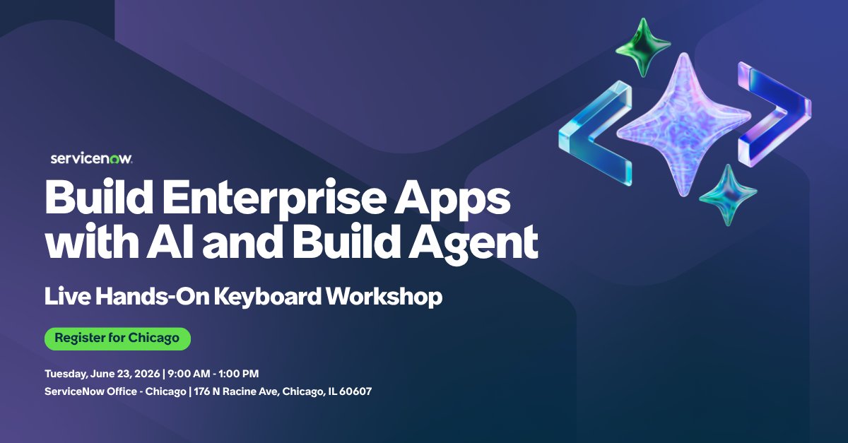 ViejoFelisa's tweet photo. Ever wonder how AI can actually fit into your daily workflows without chaos? Build Agent and Creator Pro Plus use the ServiceNow AI Platform to keep apps trusted and governed. Hands-on learning in Chicago—grab your spot! 🤖 https://t.co/6sAxmBBpe8 https://t.co/zTb9wCi8I0