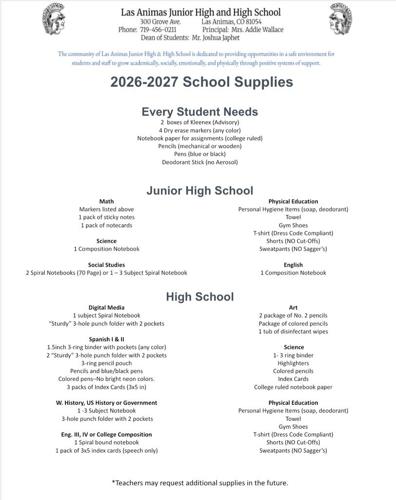 LasAnimasSchool's tweet photo. LASD 26-27 School Supply Lists https://t.co/t54SZlFQI1