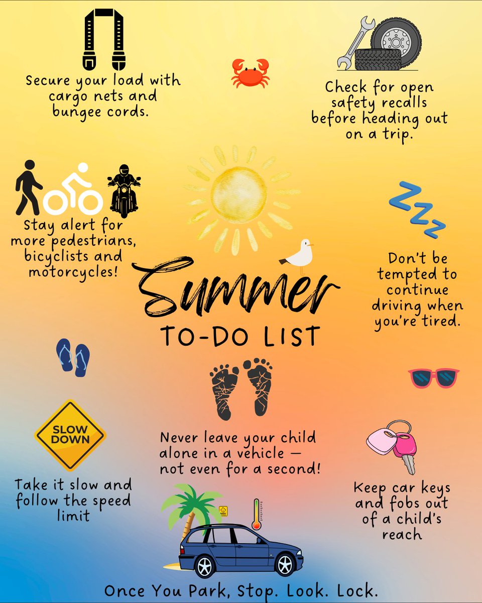 NHTSAgov's tweet photo. It's the first Monday of summer! 🏖️🕶️

Here's a handy to-do list this season. ⬇️ https://t.co/tCI5kNoPJ7