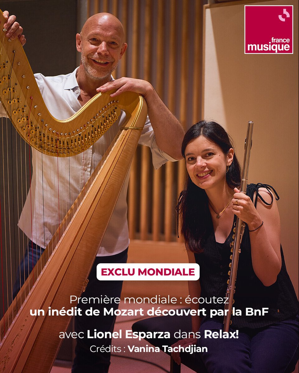 francemusique's tweet photo. En février 2026, la BnF a découvert un manuscrit inédit de Mozart, né de leçons données à une harpiste parisienne en 1778. Deux musiciens de l'Orchestre Philharmonique de Radio France ont enregistré ces pièces pour flûte et harpe, diffusées en intégralité pour la première fois dans Relax! ➡️ https://t.co/ArCIAtMCME
