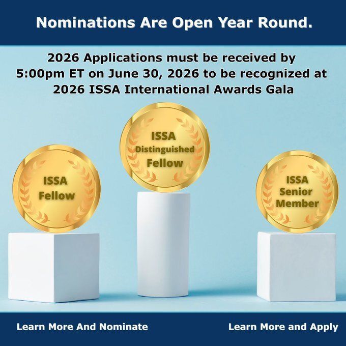 ISSAINTL's tweet photo. Final reminder.
June 30 at 5 PM ET is the deadline for 2026 ISSA Fellows Program recognition.

Fellow / Distinguished Fellow:https://t.co/gmsaIwNylX 
Senior Member: https://t.co/WNXtfiXLLD 
#ISSAINTL https://t.co/SMMaN08BlQ