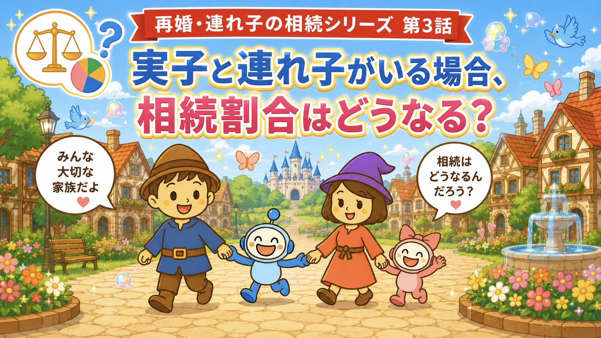 mirakatu's tweet photo. 再婚・連れ子の相続シリーズ　第3話

「実子と連れ子がいる場合、相続割合はどうなる？」

⸻

前回

養子縁組すると
　連れ子も相続人になる

という話をしましたね😊

では実際に
　実子と連れ子がいる場合

相続割合はどうなるのでしょう？

⸻

養子縁組している場合

例えば
　夫が亡くなる

・妻
・実子1人
・連れ子1人（養子縁組済）

の場合相続人は

妻・実子・連れ子の3人

⸻

相続割合は

妻：1/2
子どもたち：1/2を均等に分ける

つまり

妻：1/2
実子：1/4
連れ子：1/4

⸻

養子縁組していない場合

連れ子には相続権がないため

妻：1/2

実子：1/2

連れ子は相続人になりません🥲

⸻

ここで起きやすい��解

一緒に暮らしている
　本当の親子のような関係

だから
　相続も同じとは、限らないッ⚠️

⸻

大事なポイント

再婚家庭では

「家族の認識」と 「法律上の扱い」

が違うことがありますッ

だからこそ
元気なうちの準備が大切なんですッ😊

⸻

次回予告〜ッ📣٩( 'ω' )و

「連れ子に財産を残したい！養子縁組以外の方法はある？」

実はありますッ

#みら活 #相続