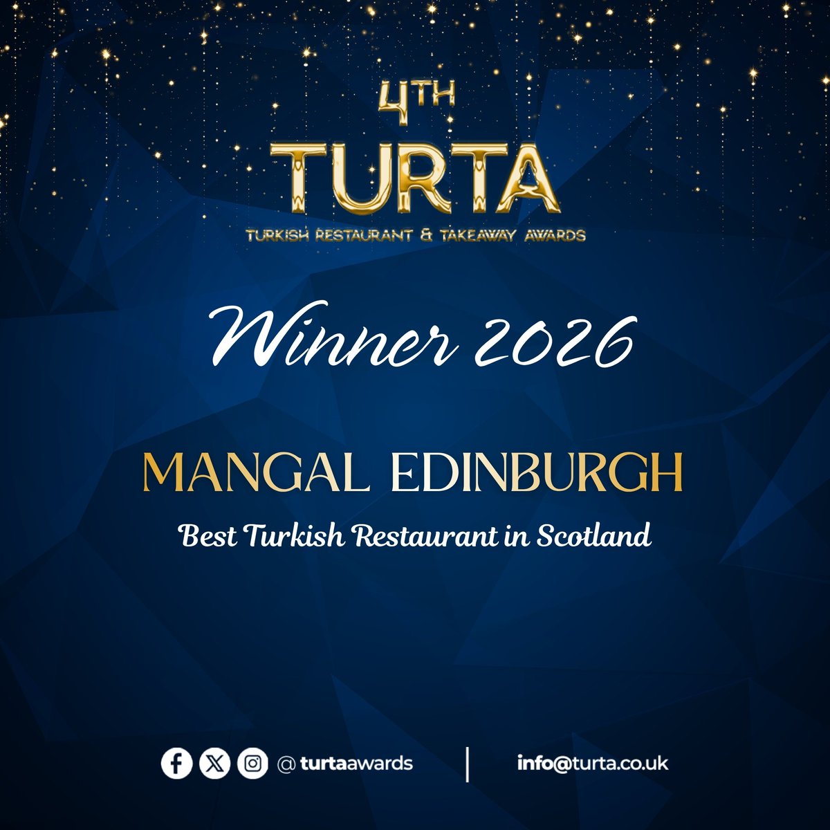 TuRTaAwards's tweet photo. Congratulations to MANGAL EDINBURGH

We are proud to announce MANGAL EDINBURGH as the winner of the Best Turkish Restaurant in Scotland award at the TURTA Awards 2026.

#TURTAAwards #BestTurkishRestaurant #Scotland #MangalEdinburgh #TurkishRestaurantAwards #AwardWinner https://t.co/lvqh1LIfl5