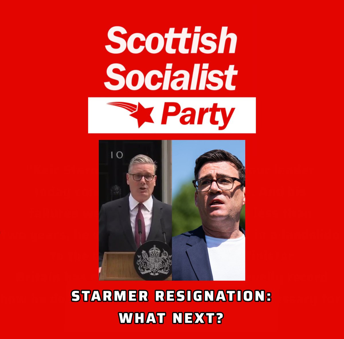 The_SSP_'s tweet photo. STARMER OUT, BURNHAM IN, WHAT WILL CHANGE?

The SSP releases a statement on the resignation of Prime Minister Kier Starmer. From SSP National Co-Spokesperson Colin Fox [@colinfoxssp] (1/5)

#Starmer #Burnham #Labour #PM #Change https://t.co/ijyQ1d9WkV