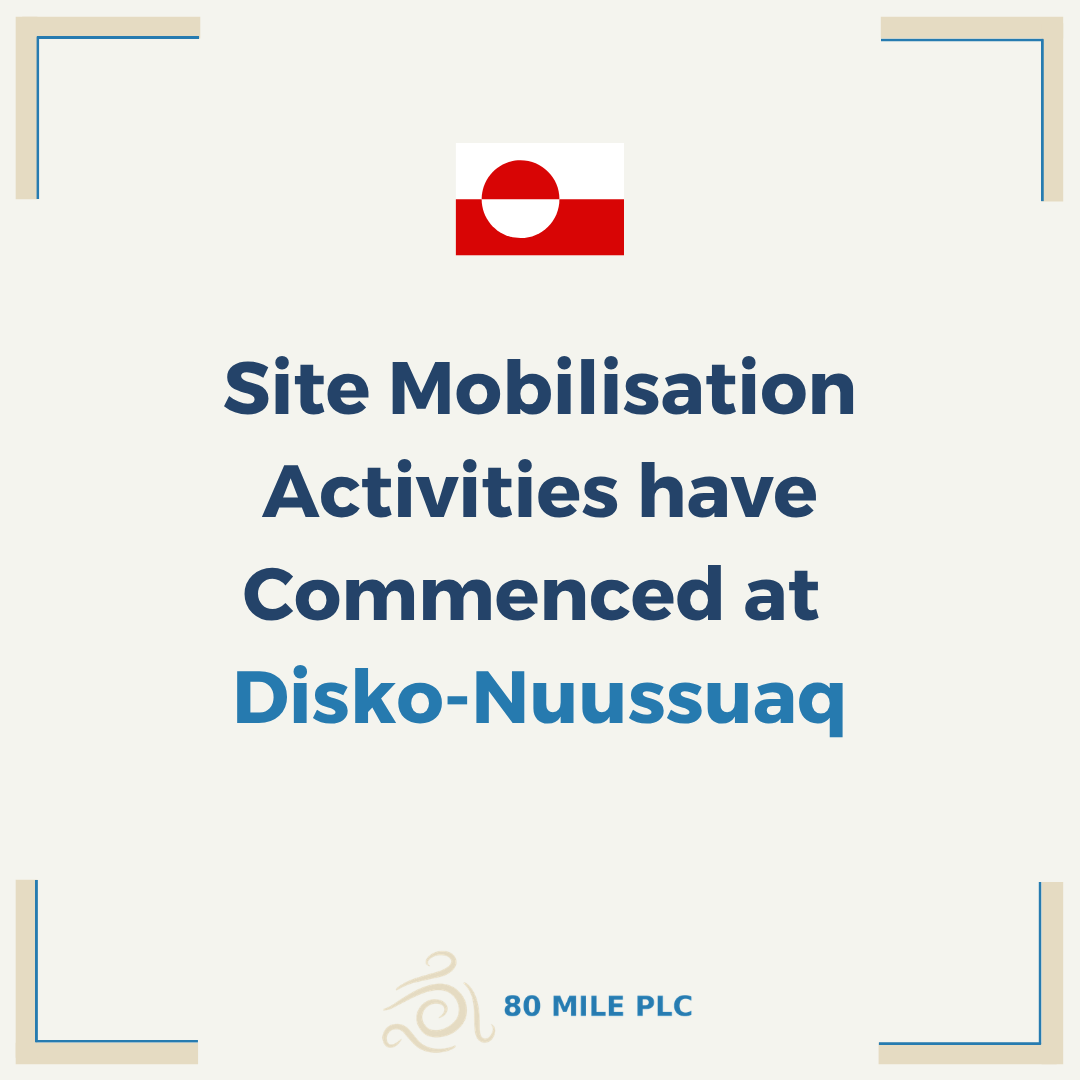 80milePLC's tweet photo. ⌛️ Mobilisation activities are underway at Disko-Nuussuaq ahead of the drilling campaign. A site-based exploration team is in place, two rigs and support staff will arrive before end of June, and the programme has expanded from 5,000m to 9,000m. #80M ➡️ https://t.co/PXYOLqe6xB https://t.co/diJ8KlEObh