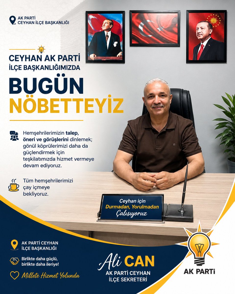 ali_can014402's tweet photo. 📍Ak Parti Ceyhan İlçe Başkanlığımızdayız...

Yeni güne, yeni haftaya Bismillah... 🤲
Selam ve dua ile hayırlı haftalar diliyorum.

İlçe Başkanlığımızda nöbetteyiz. 

Tüm hemşehrilerimizi çay içmeye ve sohbet etmeye bekliyoruz. ☕🇹🇷

Kapımız da gönlümüz de her zaman açıktır. https://t.co/SFoM86MIxi