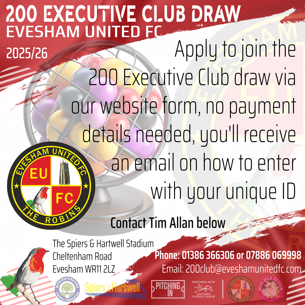 EveshamUnitedFC's tweet photo. 📢 200 EXECUTIVE CLUB DRAW

🗣 Apply to join the 200 Executive Club draw via our website form, no payment details needed, you'll receive an email on how to enter with your unique ID ⤵️

🌐 https://t.co/d6X1cK2O8v https://t.co/Vi76Ss981B