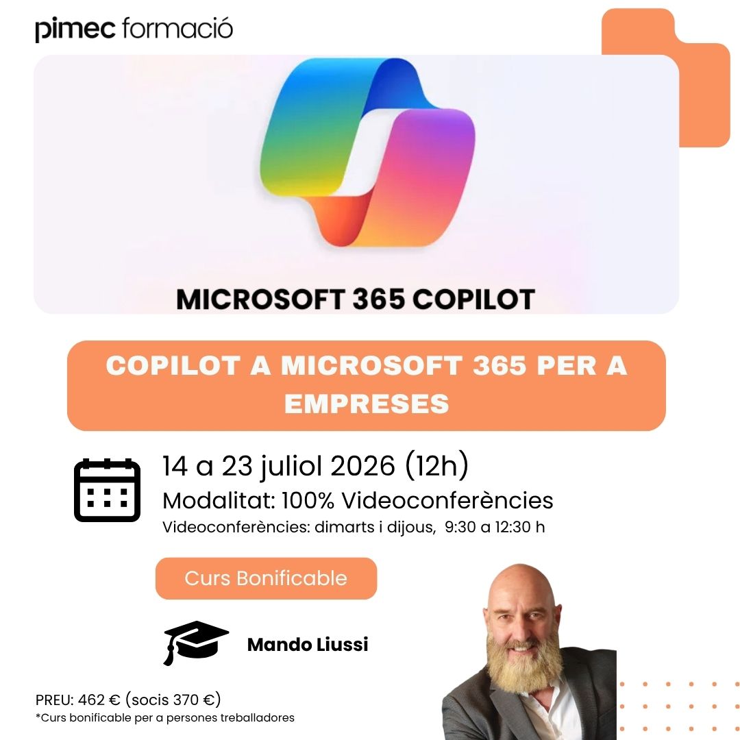 PimecFormacio's tweet photo. Nova Edició!🎯
Transforma la productivitat de la teva empresa amb el curs bonificable de #Copilot a Microsoft 365!

Aprèn a integrar Copilot al teu entorn empresarial i transformar la manera de treballar del teu equip 💻

Més informació 👉https://t.co/VvsrN1xLw0

#PimecFormació https://t.co/aNdQrbkfeD