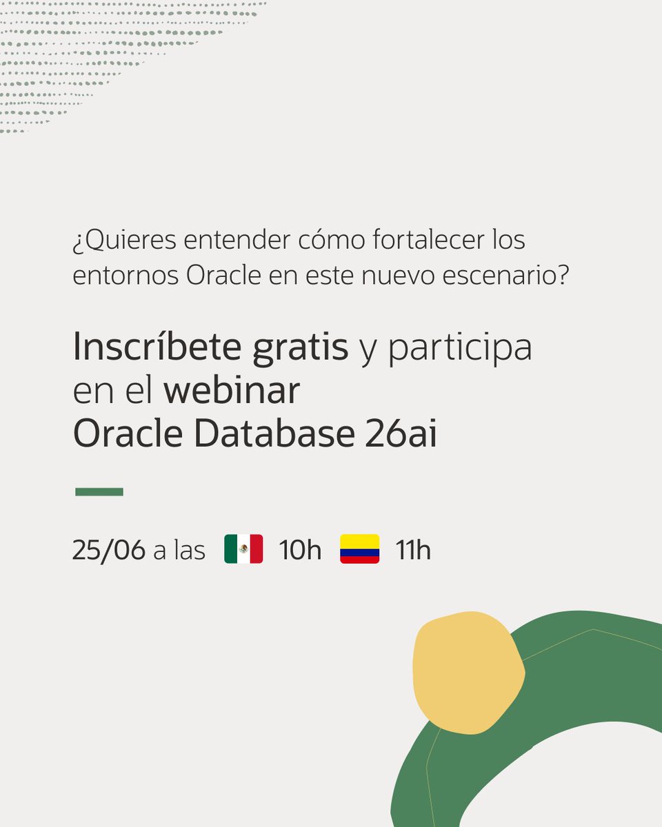 OracleLatam's tweet photo. Una vulnerabilidad identificada hoy puede convertirse en un incidente mañana.
La velocidad de las amenazas está aumentando y las estrategias de protección deben evolucionar al mismo ritmo.

Acompáñanos en el webinar Oracle Database 26ai para explorar buenas prácticas de actualización, gestión de vulnerabilidades y reducción de riesgos: https://t.co/U1AUzB2lYG

📅 25 de junio | ⏰ 10:00 MX | 11:00 COL