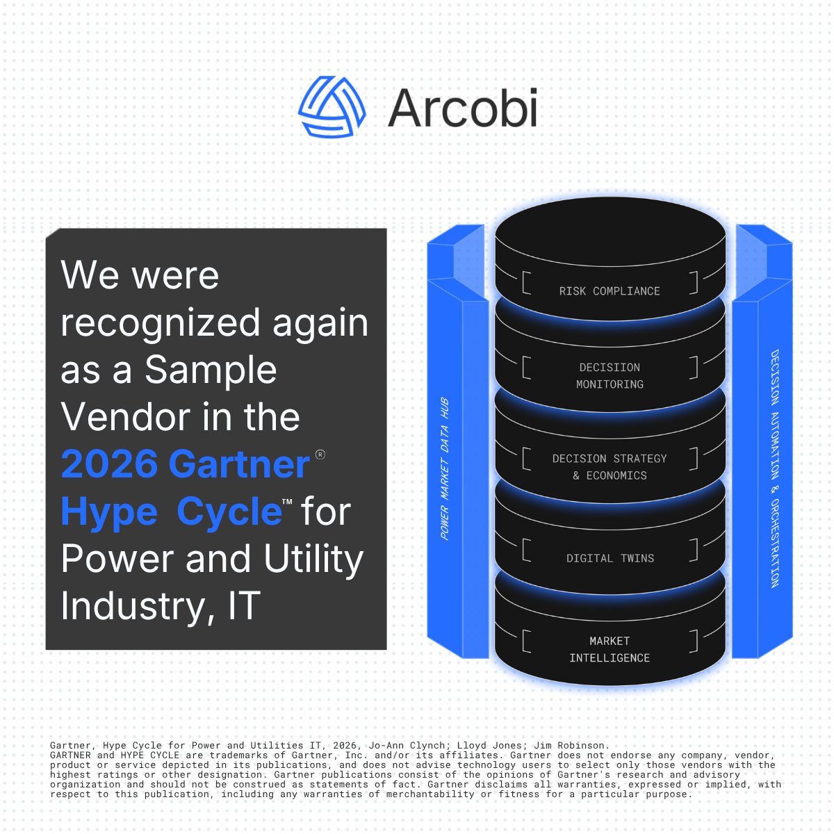 ArcobiAI's tweet photo. @Arcobi (FKA Arcus Power) is named a Sample Vendor in the @Gartner_inc Hype Cycle™ for Power and Utility Industry IT, 2026 — in the Utility Customer Suite category for a second year in a row.

The UCS category is new this year. As per Gartner, “The utility customer suite (UCS) is an evolution beyond traditional customer information systems (CIS) and is the new term for the customer operations platform (COP). 

UCS unifies customer data to support real-time, proactive service delivery.” — covering customer workflows, tariff management, distributed energy resources, and billing across electricity, gas, water, and energy management.

Our customers run generation fleets, storage assets, and industrial load portfolios across ERCOT, PJM, AESO, NYISO, ISONE, IESO, and CAISO.

53% of utilities plan a major or phased CIS replacement in the next two years. That tells you where the market is headed, and how much of that work is still ahead.
DataHub, AI Forecasting, and the Dispatch Operations are built for operators who are already in that transition.

Thank you to the team.