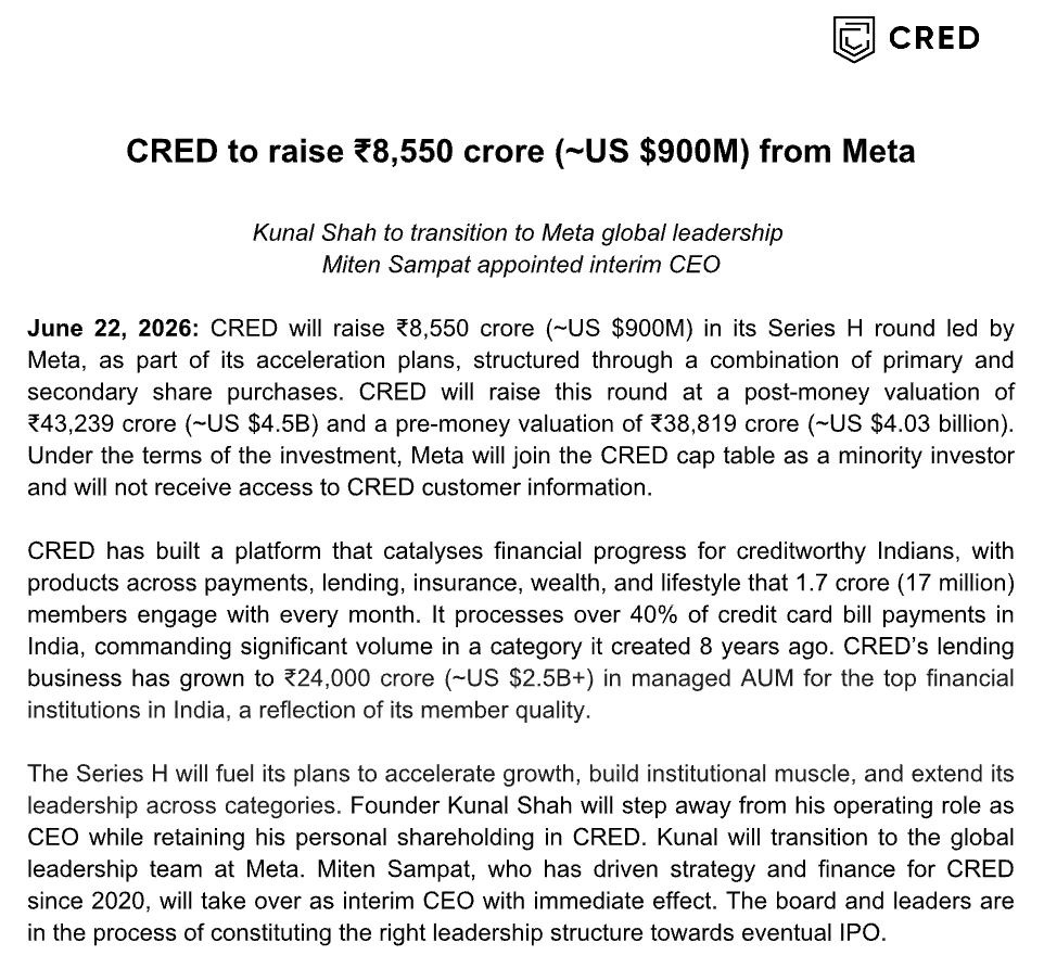 madhavchanchani's tweet photo. 🚨 BIG 🚨

Meta, owner of Instagram and WhatsApp, will invest $900 million in Cred at post-money valuation of $4.5 billion. 

And Cred's founder Kunal Shah to move Meta to become WhatsApp's global head! https://t.co/BkG9wYXGk1