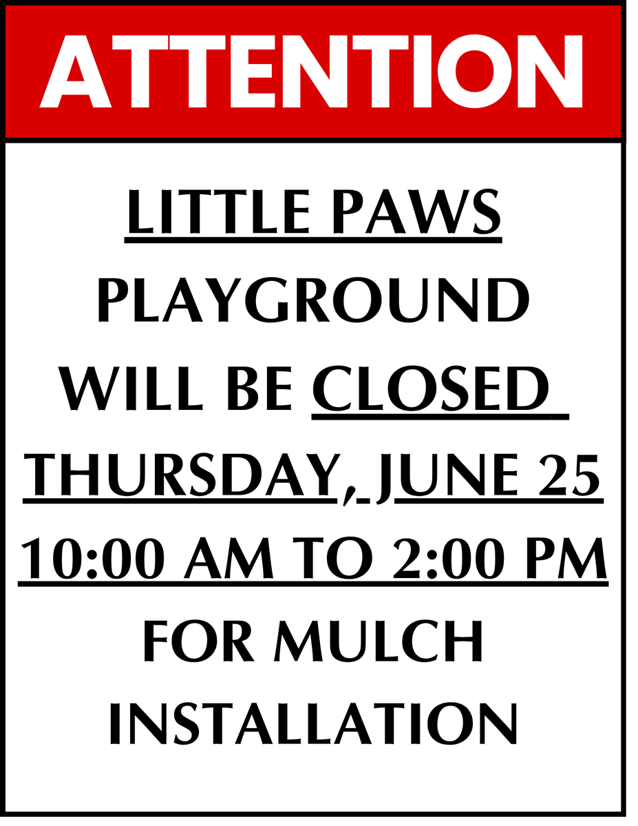 NappaneeParks's tweet photo. 🚧 Little Paws Playground Closed 🚧

Little Paws Playground will be closed Thursday, June 25, from 10:00 AM–2:00 PM for mulch installation. For everyone's safety, please do not enter the playground area while work is underway.

Thank you for your cooperation! https://t.co/Y3Cmg253oe