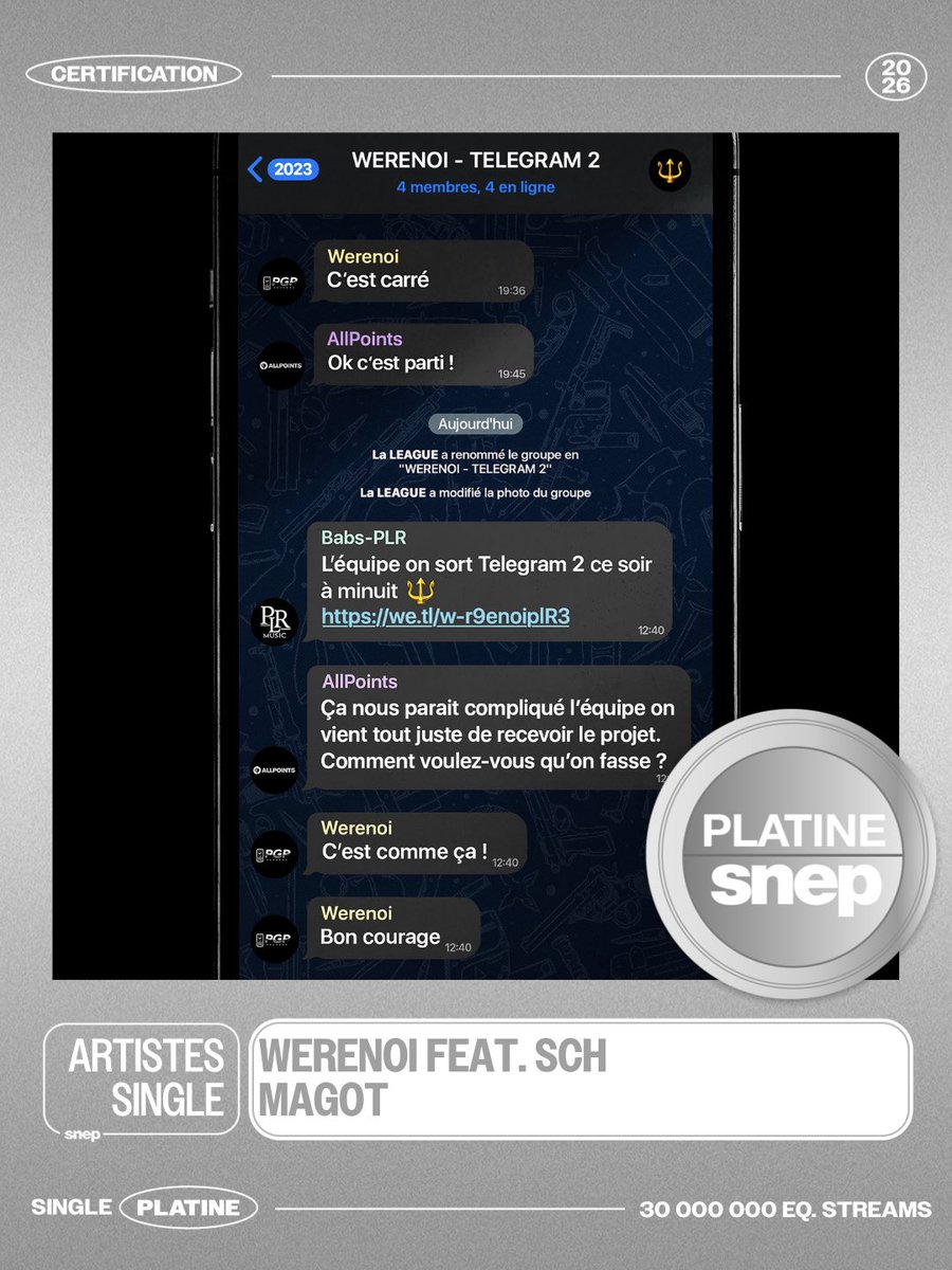 snep's tweet photo. Le titre « Magot » de Werenoi est certifié Single Platine ! 💿

30 000 000 équivalents streams 🎧 https://t.co/Vc2NfhkwxD