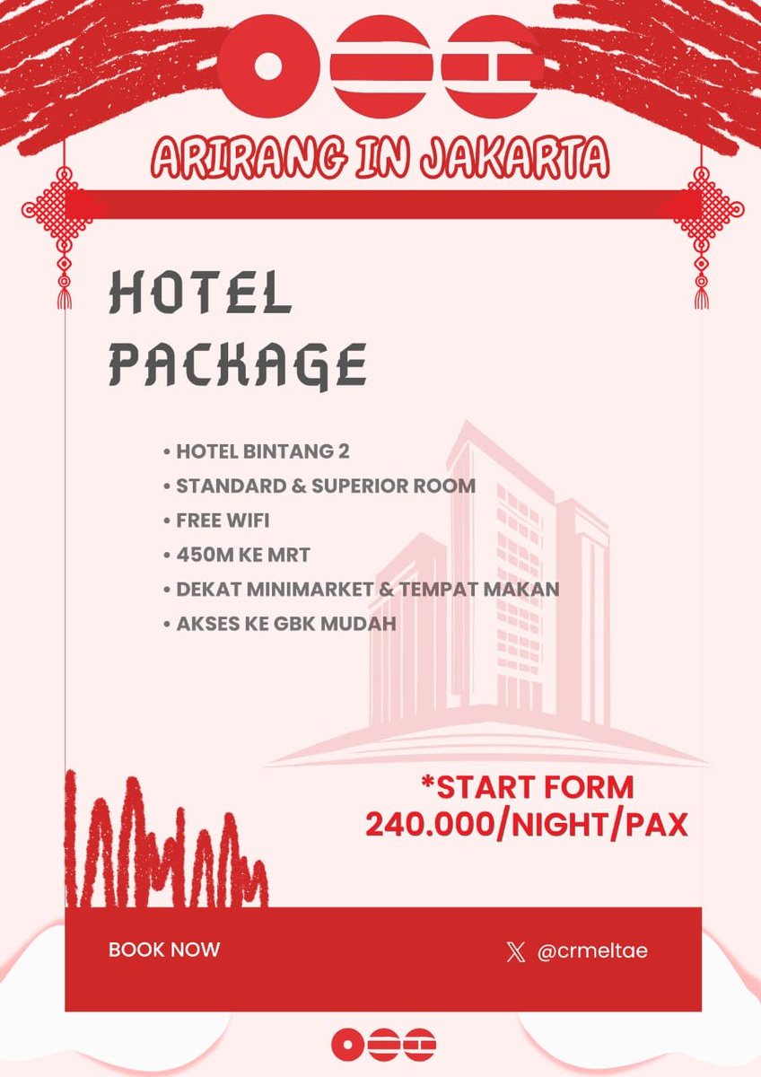 crmeltae's tweet photo. OPEN SHARING HOTEL - BTS IN JAKARTA

📅 26–28 Des (3D2N)
🚇450m ke MRT
🍜 Dekat minimarket &amp; tempat makan
✨ Akses mudah ke GBK

✅DP 100k untuk secure slot
✅ Bisa cicicilan sampai h-20 sebelum konser

Available: 2 Room
👥2 pax/room : Rp 660.000/pax
👥3 pax/room : Rp 440.000/pax https://t.co/b5cucEabO7
