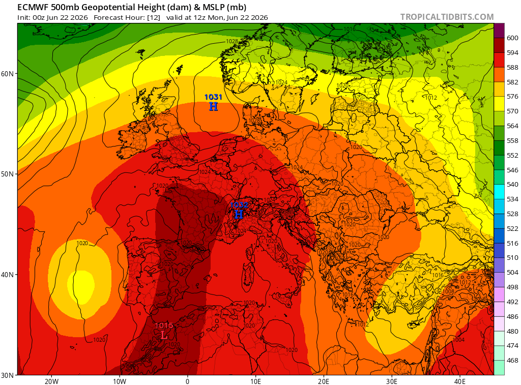 ExtremeMeteo's tweet photo. Pourquoi fait-il plus chaud en France que sur la Péninsule Ibérique pourtant soumis à ces hauts géopotentiels subtropicaux ?

Malgré l'advection subtropicale et ce dôme de hauts géopotentiels, la Péninsule Ibérique est davantage influencée par la goutte froide au large du Portugal amenant un peu de "cyclonisme" et des "pressions atmosphériques plus basses" ce qui malgré la température de la masse d'air également très élevée à 850 hPa, limite davantage le réchauffement en basses couches. De

En France, la subsidence et le processus adiabatique marchent à plein avec des pressions en surface plus élevées. A environ 594 dam (géopotentiel 500 hPa) et ce qui est précité, cela renforce les effets locaux boostés par un vent continental en surface (qui ne traverse aucune mer) et la sécheresse de surface qui s'amplifie d'heure en heure. Donc pour une même température de masse d'air entre France et Péninsule Ibérique, d'un côté on rajoute 16-17°C entre la température à 1500 m et la température à 2 m, de l'autre on rajoute maxi 13-14°C. Attention tout de même, des valeurs de +40°C sont relevées actuellement sur le sud de l'Espagne et vers Saragosse. Mais ça n'a rien d'exceptionnel ! 

Au final pour une même masse d'air nord africaine, la compression adiabatique et la subsidence modifient l'incidence près du sol. Cette canicule comme bien d'autres, se nourrit du processus adiabatique avec une masse d'air subtropicale très sèche sur laquelle on avait un terreau favorable avec des sols bien asséchés y compris jusqu'à 1 m de profondeur. L'évaporation étant de plus en plus limité !