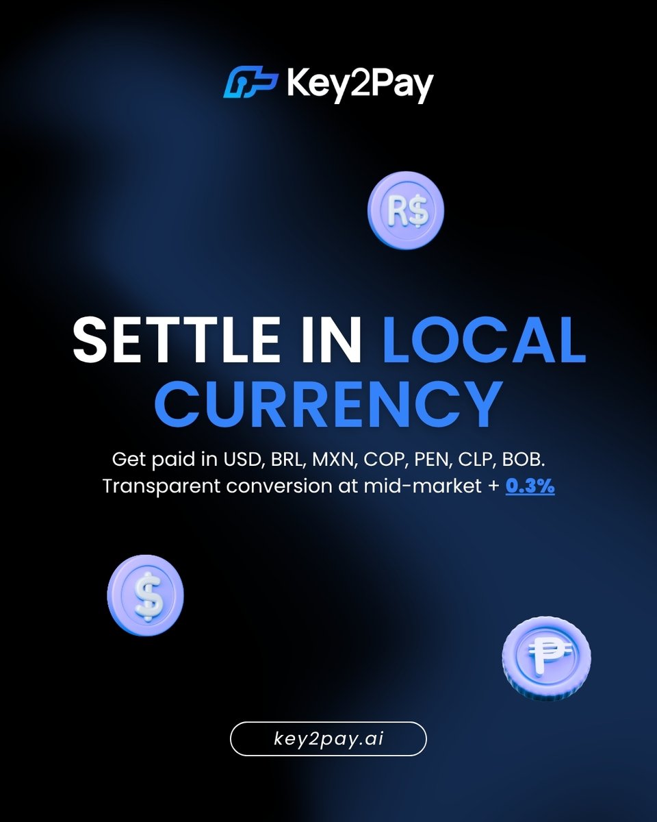 key2pay_ai's tweet photo. Key2Pay offers local currency settlement with transparent conversion based on the mid-market rate + 0.3%.

Get paid and settle in local currency while maintaining greater control over your international payment operations
Get Started 🔗https://t.co/jWit4RjRYF

#Payments #Fintech https://t.co/DqnGGOjgjp