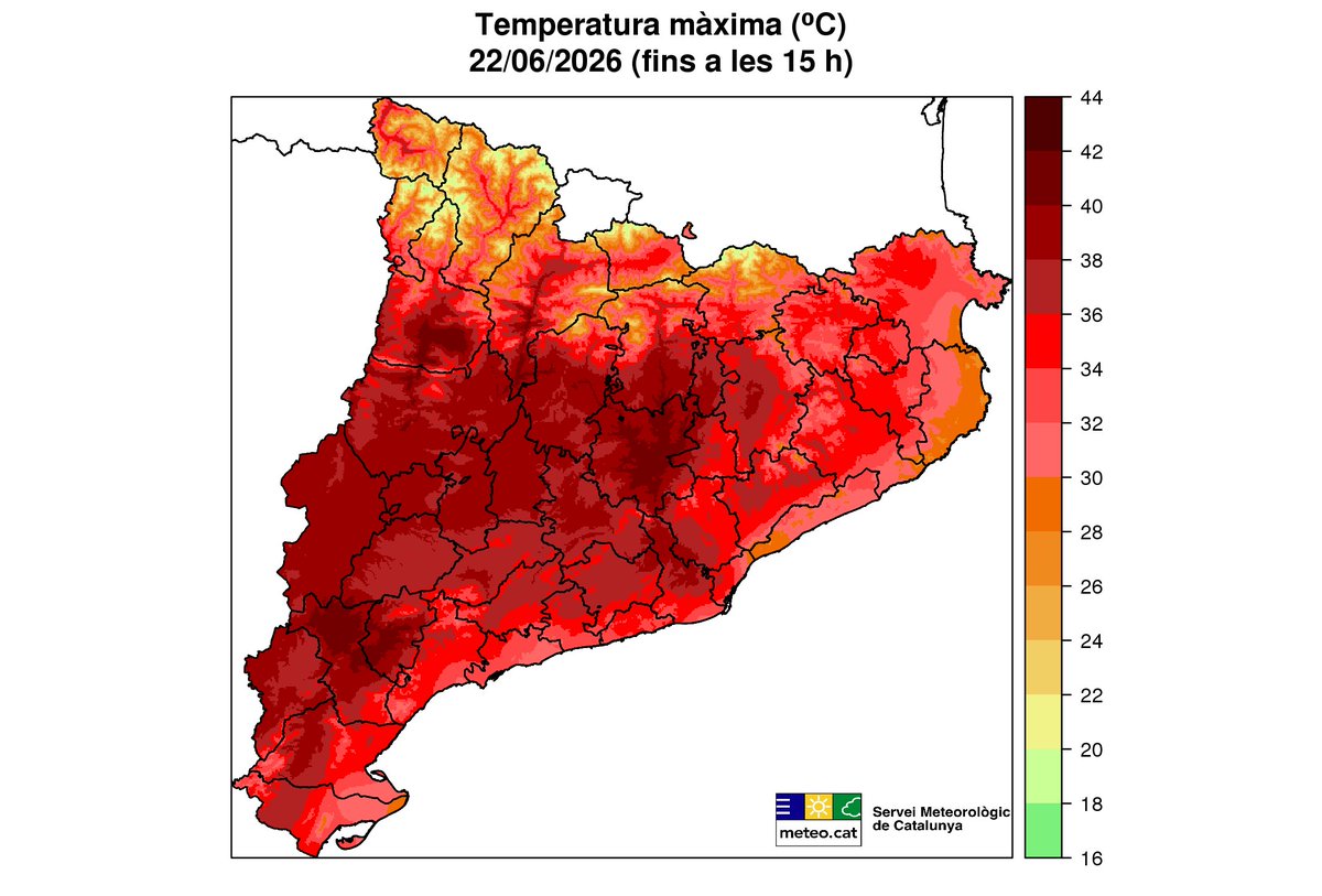 meteocat's tweet photo. La temperatura màxima provisional (fins a les 15 h) és més baixa que ahir a la Costa Brava, però ha pujat a bona part de l'interior i Terres de l'Ebre.

S'han assolit els 40 ºC al pla de Bages, valls del Prepirineu occidental, Priorat i Ribera d'Ebre, amb 41,8 ºC a Vinebre. https://t.co/PKjW1VYnPG
