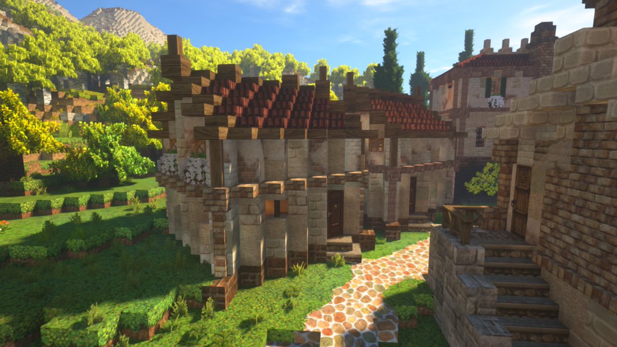 justinia_mc's tweet photo. 今日は町の北側の住宅地に何軒か斜め建築の民家を建てました。
斜め向きの家があることで、道沿いに自然に家が並び、道の奥の大聖堂へ自然と視線誘導ができるようになります。

#Minecraft
#MiniaTuria https://t.co/WFurIhKAy8