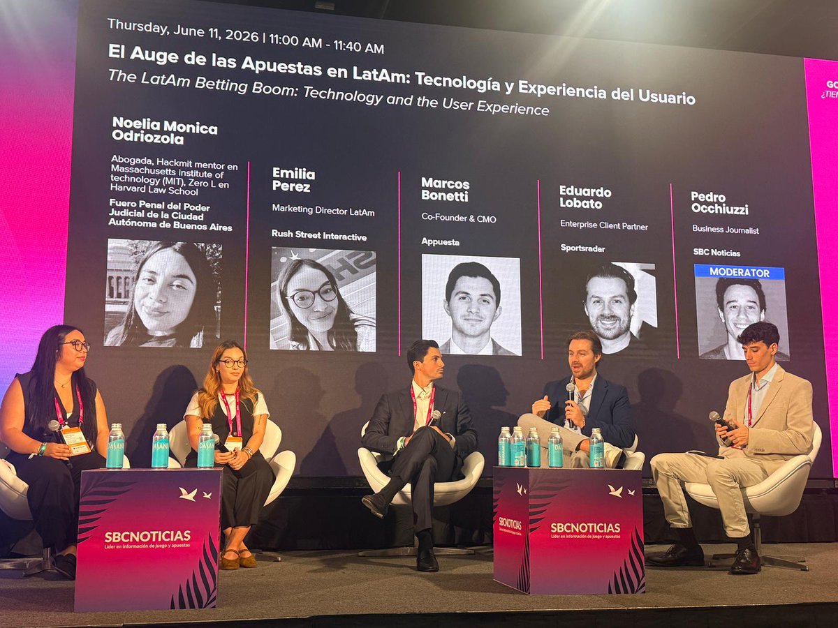 Sportradar's tweet photo. Some key Sportradar insights shared at @sbc_americas! 

🔹 Eduardo Lobato on the role of AI &amp; real-time data in innovative UX. 
🔹 David Pfau on the power of fantasy sports as the connective tissue of the sports ecosystem. 

How do you see the industry evolving? https://t.co/wnaLqIww81