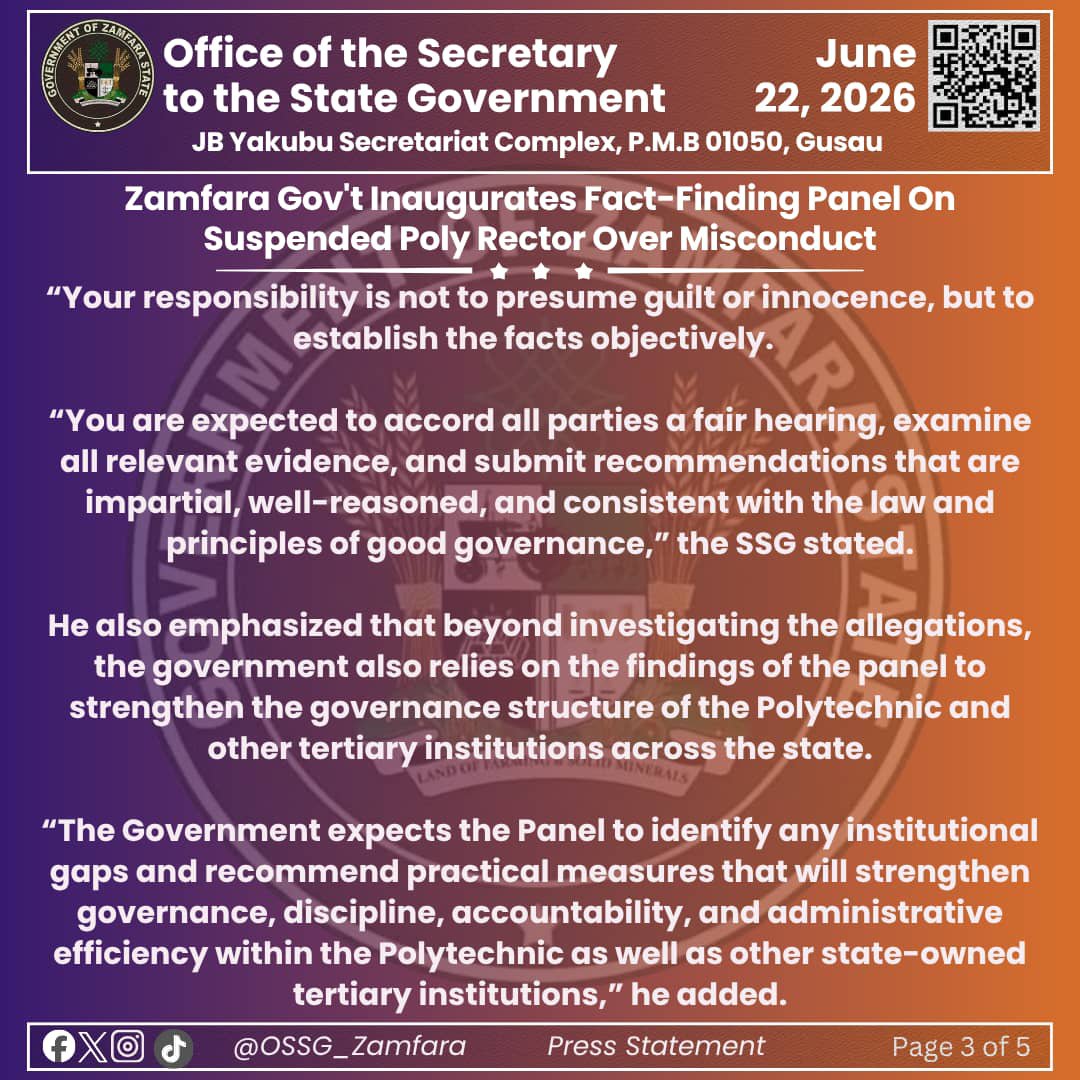 OSSG_Zamfara's tweet photo. The Zamfara State Government has inaugurated an eight-member investigation panel to probe the allegations of gross administrative misconduct and insubordination against the suspended Rector of Abdu Gusau Polytechnic, Talata Mafara, Dr Sirajo Abdullahi Shinkafi. https://t.co/ZQ9sPSzQTs