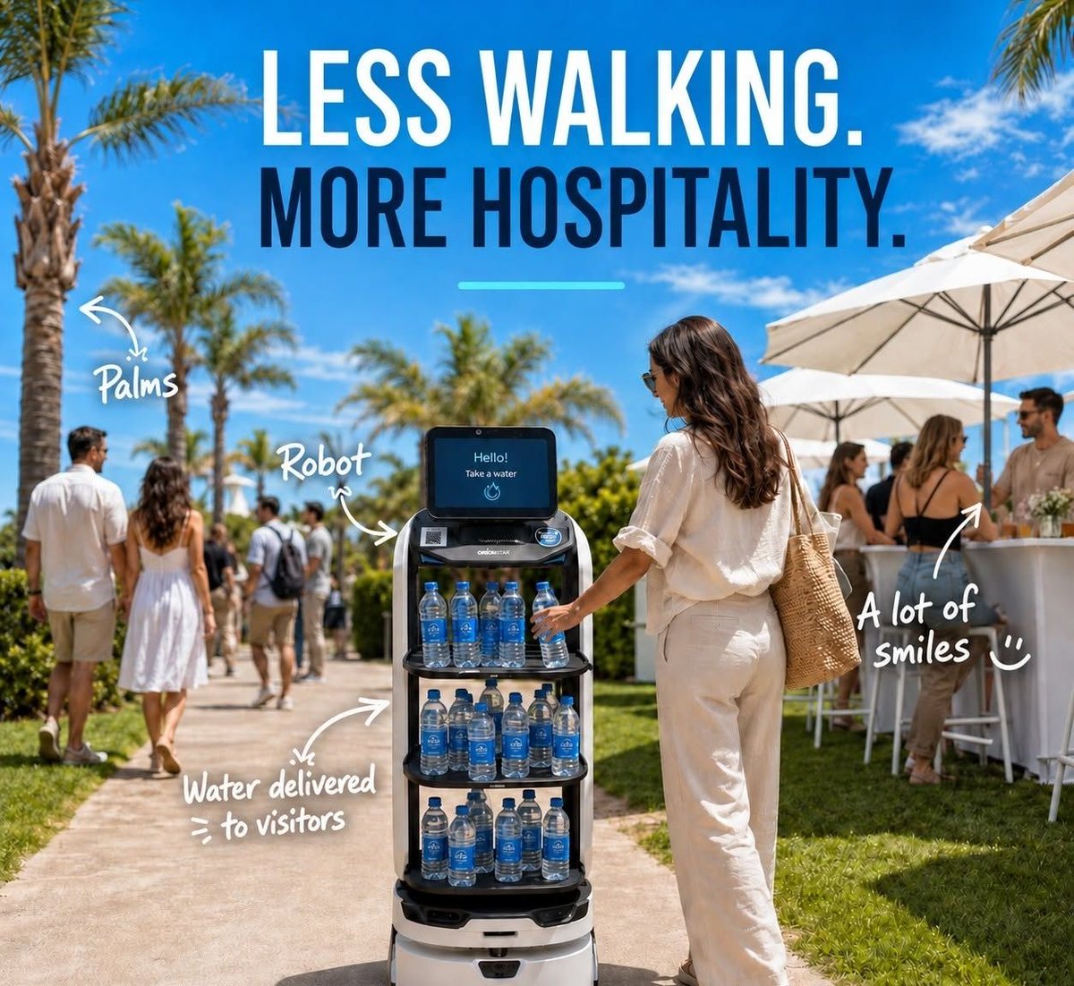 orionstar2016's tweet photo. 🤖 LuckiBot Pro shined bright at Limassol’s GDCy Fest 2026!

Our robot waiter handed out water &amp; brochures outdoors at St. Raphael Resort, nailing smooth navigation on uneven ground all day long.

Shoutout to partner Reef Robotics Cyprus for bringing our bot to the event. 💪 https://t.co/MjzDRFYTrz