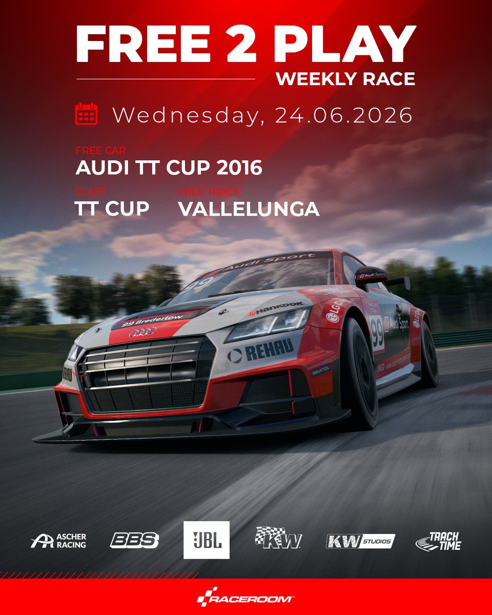 raceroom's tweet photo. New week, new #RaceRoom ranked schedule ⏱️

This week's Free 2 Play Wednesday Race features the Audi TT Cup 2016 at Vallelunga🚗💨

See you on track! https://t.co/4KtVTkQKKM