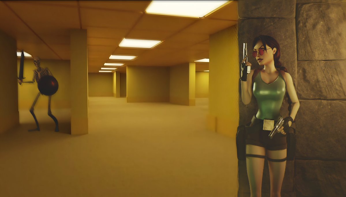 evilbroccoli6's tweet photo. The concept of Lara Croft discovering the backrooms. https://t.co/mMNVmktbAP