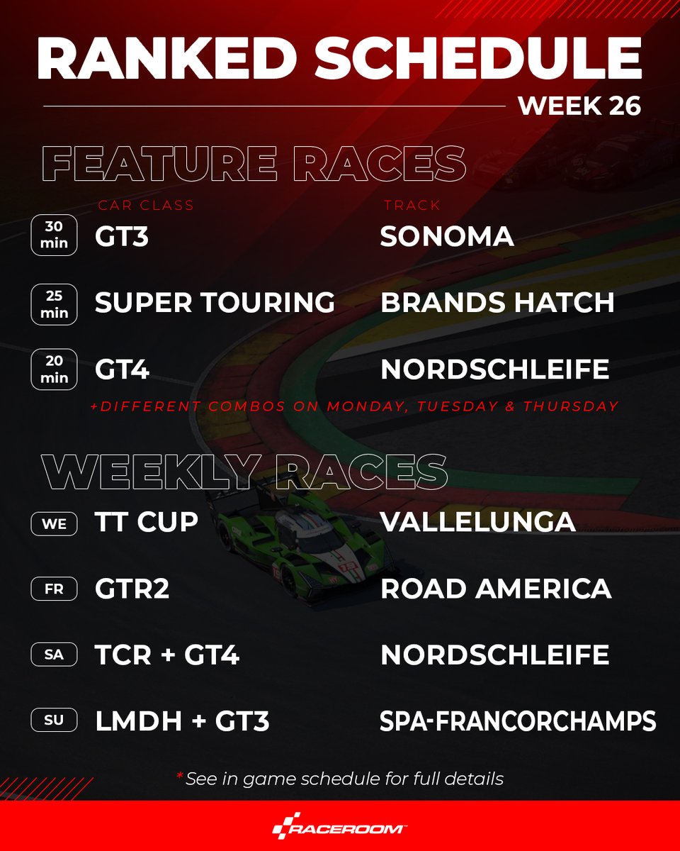 raceroom's tweet photo. New week, new #RaceRoom ranked schedule ⏱️

This week's Free 2 Play Wednesday Race features the Audi TT Cup 2016 at Vallelunga🚗💨

See you on track! https://t.co/4KtVTkQKKM