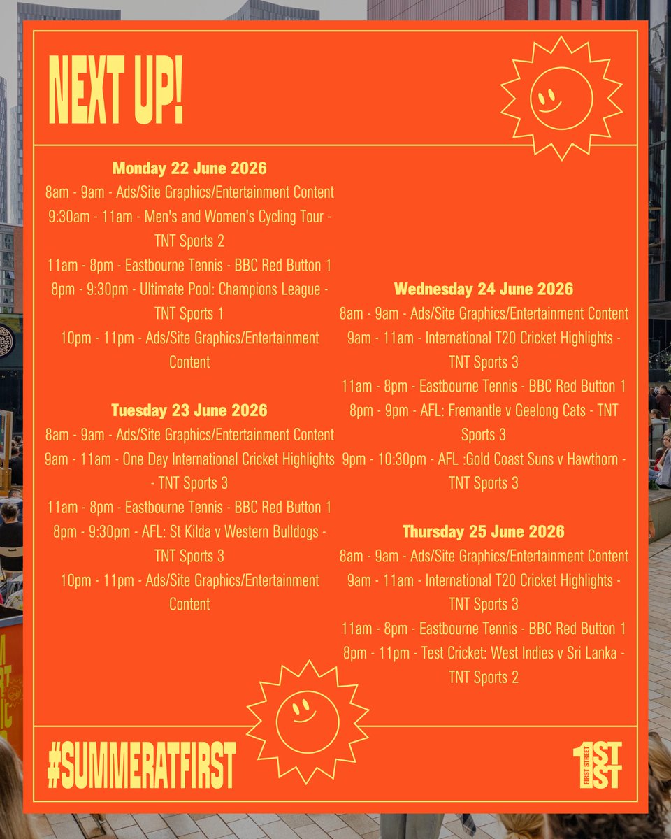 firststreetmcr's tweet photo. What’s on our big city screen this week? 📺✨

LIVE at #firststreet:

1) Men's and Women's Cycling Tour 🚲
2) One Day International Cricket Highlights 
3) Moto GP: Netherlands Grand Prix 🏎️

Head down to Tony Wilson Place for #summeratfirst 🌞

 #manchester #mcrlife #summerscreen https://t.co/jlxkp5dMG1