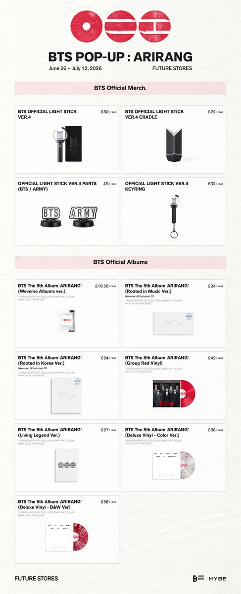 KPOPMERCH_POPUP's tweet photo. BTS POP-UP : ARIRANG IN LONDON

📢MERCH LIST

📅June 26, 2026 (Fri) – July 12, 2026 (Sun)
⏰Mon–Sat: 10:00 - 20:00 (BST)
             Sun: 12:00 - 18:00 (BST)
Extended Hours: July 6, 2026 (Mon) – July 8, 2026 (Wed), 10:00 - 22:00 (BST)
📍FUTURE STORES

#BTS #방탄소년단 #BTS_ARIRANG
#BTS_POPUP