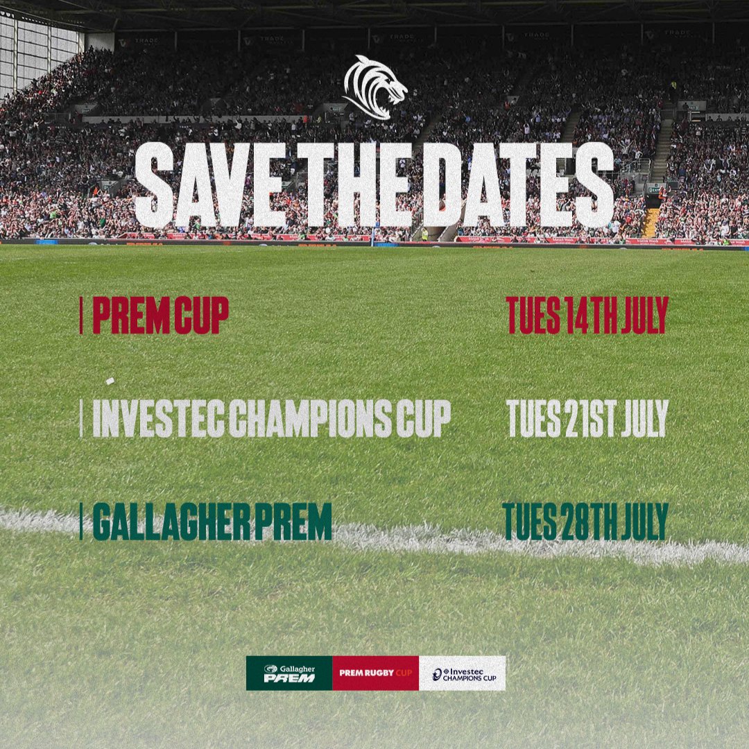 LeicesterTigers's tweet photo. Get these dates in your diary! 
These are the dates that 26/27 fixtures will be announced and Season Ticket Holder priority windows open for PREM Cup, Investec Champions Cup and Gallagher PREM. 
📩 Sign up to 'The list' to get your tickets before they go on general sale https://t.co/qn25xl2Ipy