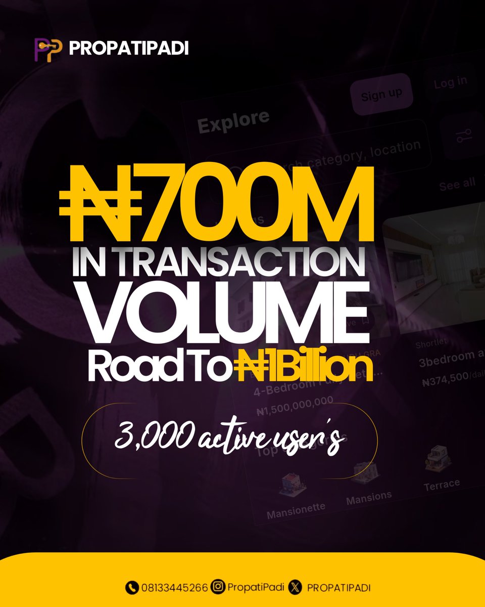 PROPATIPAD's tweet photo. ₦700 Million in transaction volume and counting!

What started as a vision is quickly becoming a movement. With over 3,000 active users trusting PropatiPadi to connect, transact, and grow, we’re steadily advancing on our journey to ₦1 Billion in transaction volume. https://t.co/VyguowxJd3