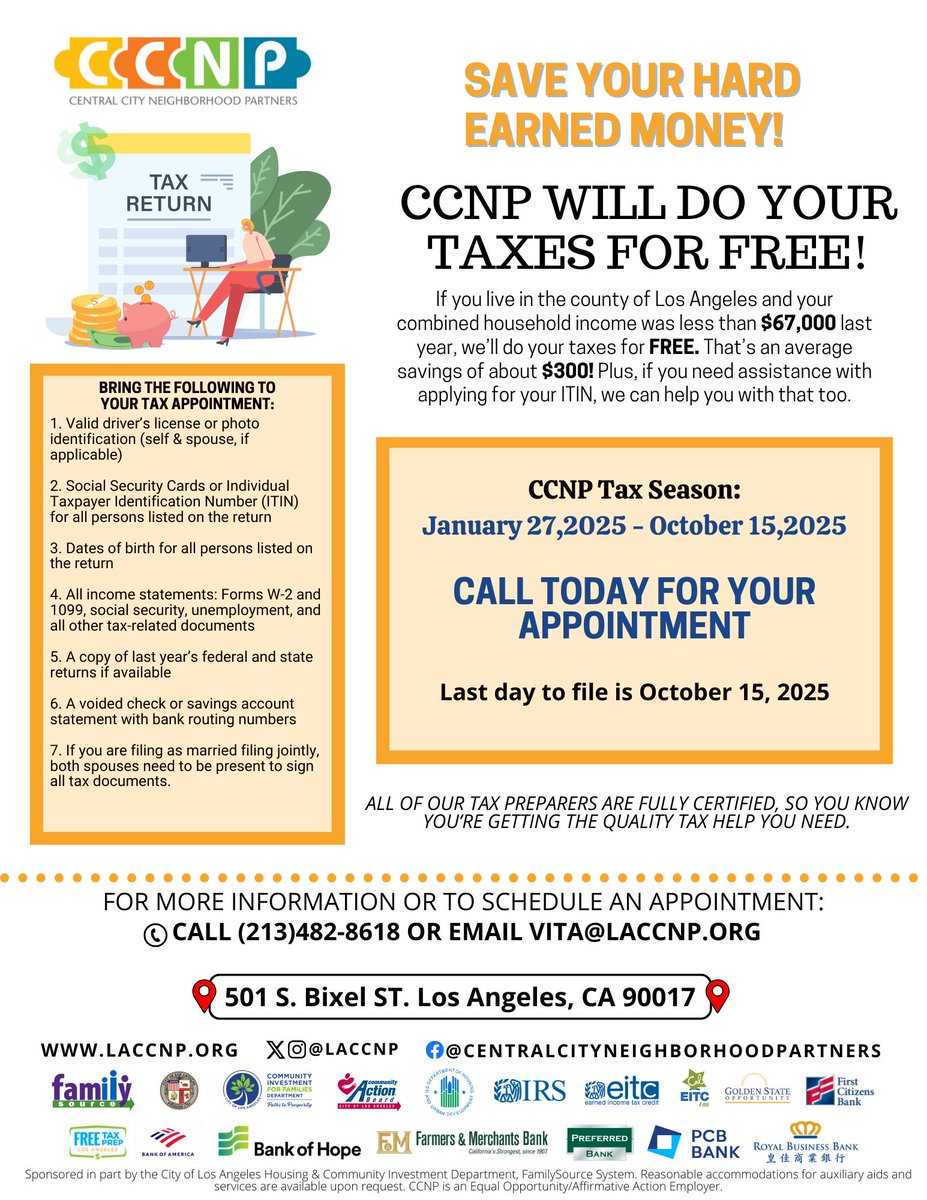LACCNP's tweet photo. Still need to file your taxes? CCNP is here to help you file until October 15!
Call us today at our Westlake location 213-482-8618. https://t.co/oeCpo1sGN5