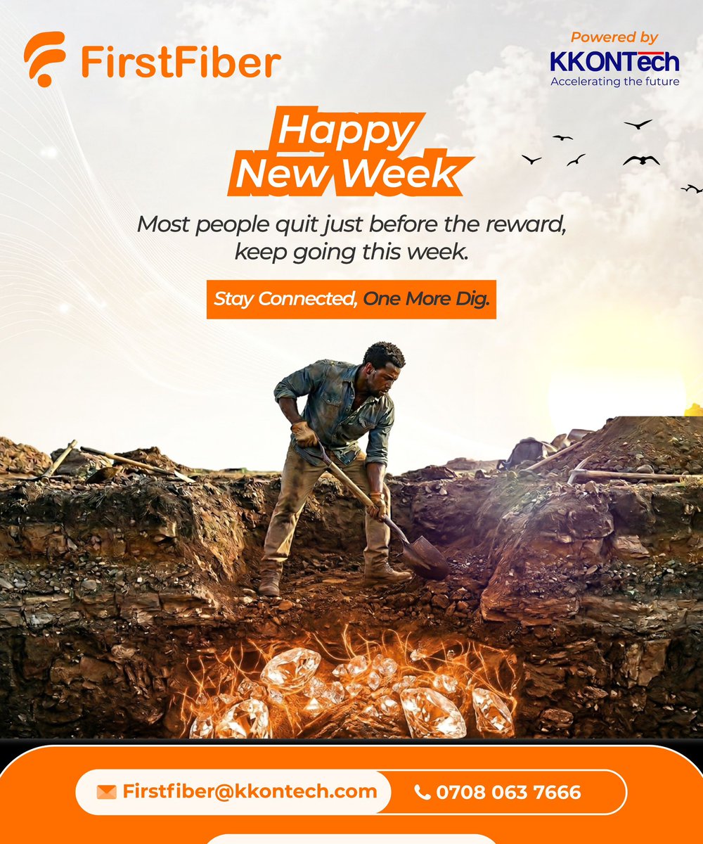 FirstFiber_ng's tweet photo. Don't quit now, your reward is right beneath the surface. Start this week strong with fast, reliable internet that keeps you going. ⚡
#firstfiber #OneMoreDig #NewWeekMotivation #StayConnected #FiberInternet https://t.co/p9JSPR91ZO