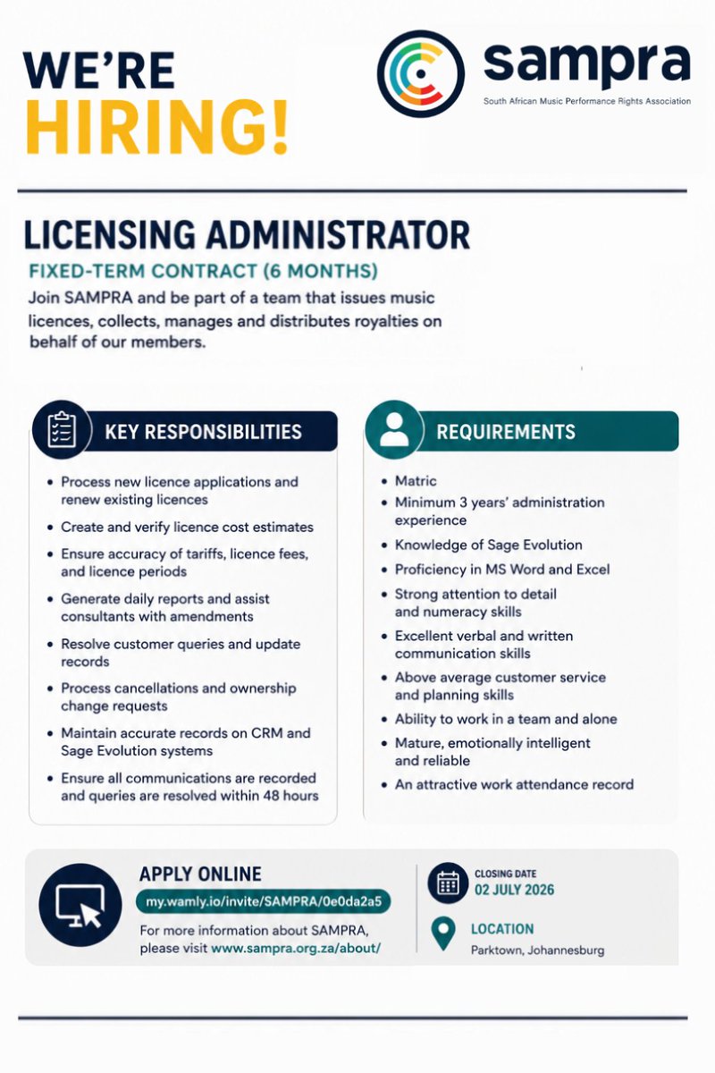 OfficialSAMPRA's tweet photo. We're Hiring!

South African Music Performance Rights Association (SAMPRA), a non-profit company based in Parktown, has a vacancy for a Licensing Administrator. https://t.co/t5qRWprJOR
