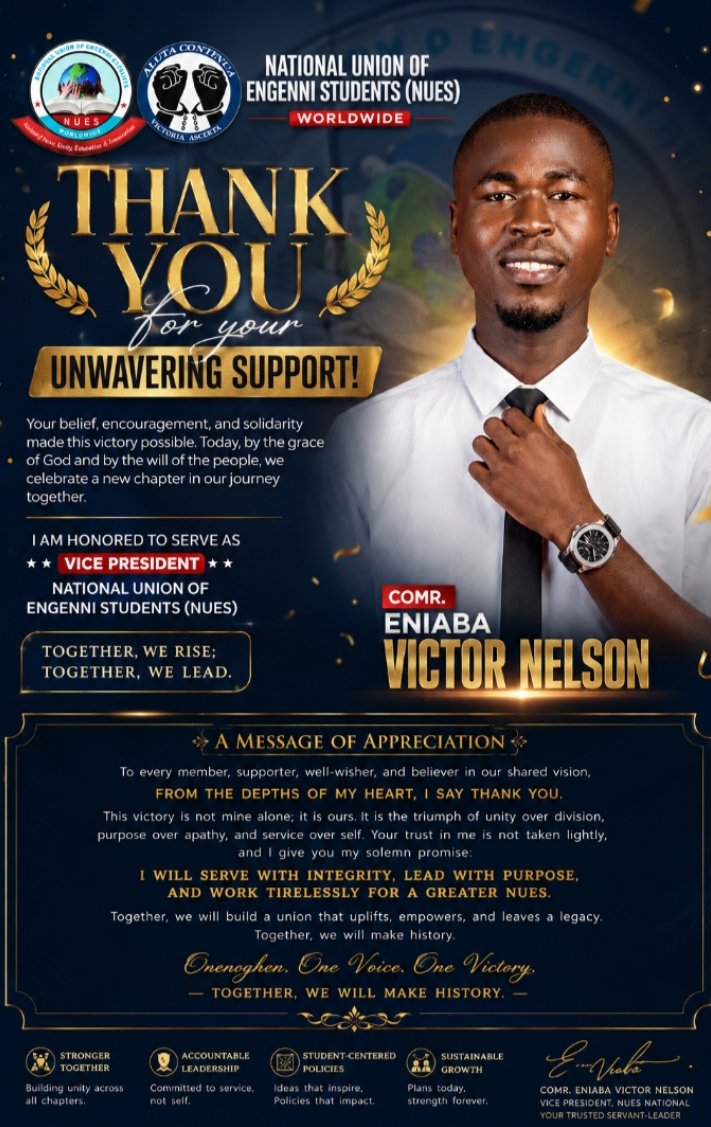 Min_Vick2001's tweet photo. Thank You, NUES Worldwide.

Your trust, support, and belief made this possible. I am honored to serve as your Vice President and remain committed to excellence, unity, and progress.

Together, We Rise. Together, We Lead.

– Comr. Eniaba Victor Nelson
Vice President elect, NUESW https://t.co/QeIsLSOtiz
