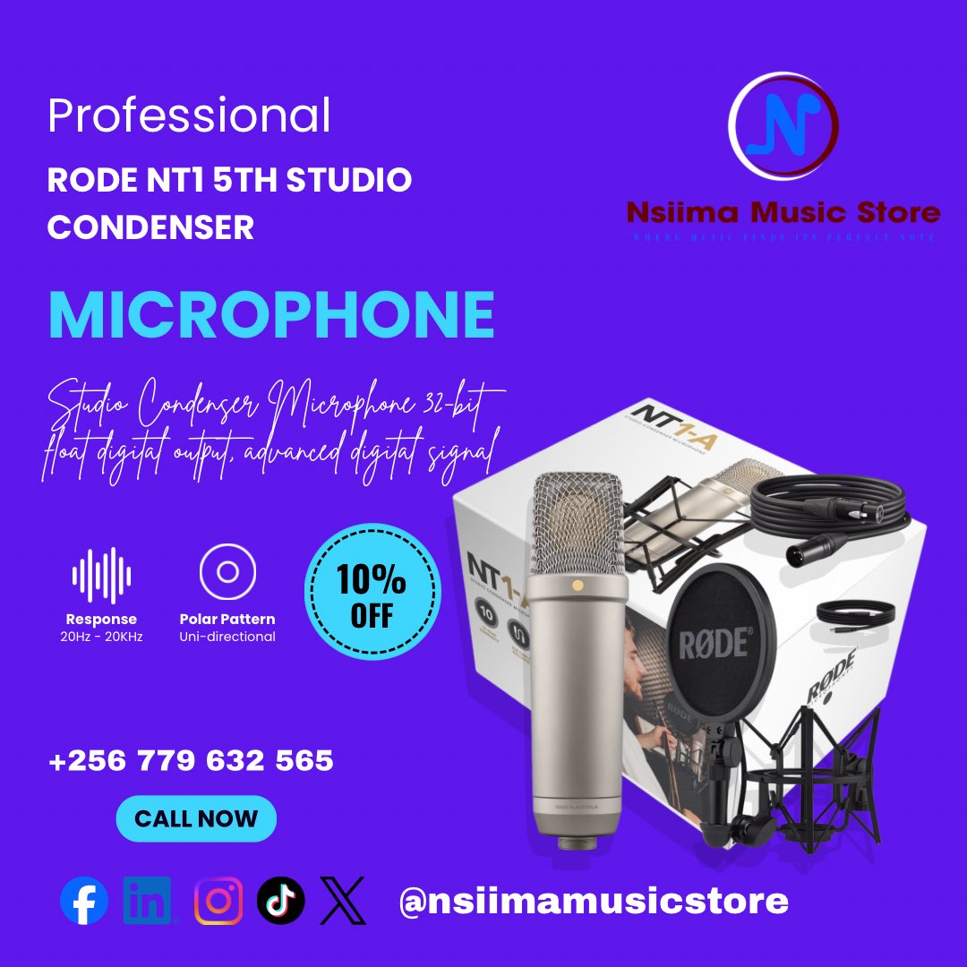 NsiimaMStoreLtd's tweet photo. RODE NT1 Microphone Available at Nsiima Music Store!

Capture every detail with crystal-clear sound using the legendary RODE NT1. Perfect for vocals, podcasts, streaming, and studio recording.

Visit Nsiima Music Store today and elevate your sound! https://t.co/iS2ctu9pi5