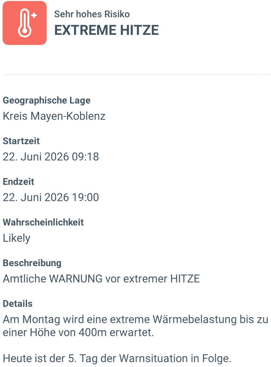UMZiegeroski's tweet photo. #Meteored #Hitze 🔥🔥🔥🔥🔥🥵🥵🥵🥵🥵
5. Tag in Folge
Warnung vor extremer Hitze, vor sehr hohem Risiko https://t.co/32AVpVvxjS