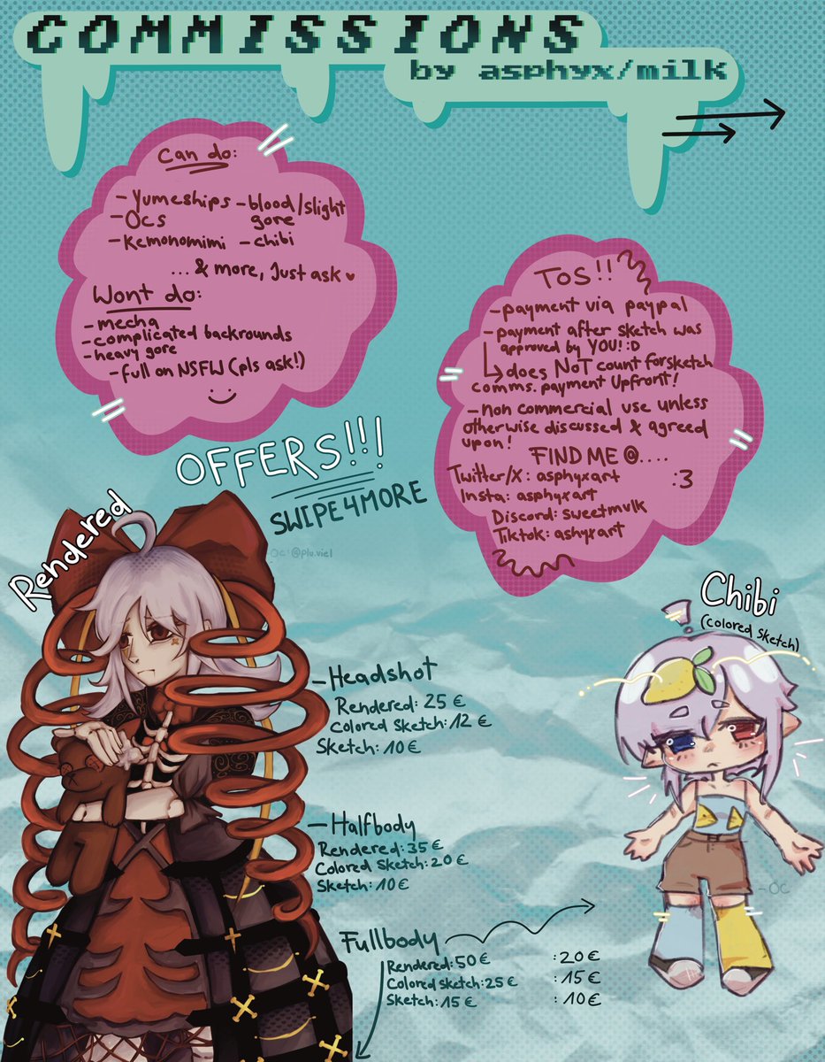 asphyxart's tweet photo. ── .✦ new commission sheet

⟡available from now on, payment via paypal
⟡just dm me on any of the listed platforms :)
⟡prices listen in euro (€)

rts greatly appreciated 🩵
#artmoots #artcommission #anime https://t.co/Ge3MYluolh