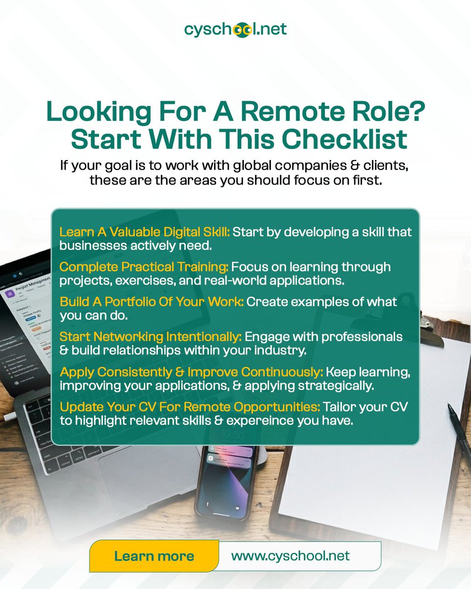 cyschooldotnet's tweet photo. Many people want remote jobs, but few prepare for them properly. 

That's why we've made a simple checklist to guide you through key steps to help you find remote roles with global companies. 

Visit https://t.co/u4TPHSqsII to get started

#Cyschool #RemoteJobs https://t.co/oJxfuEpOtU