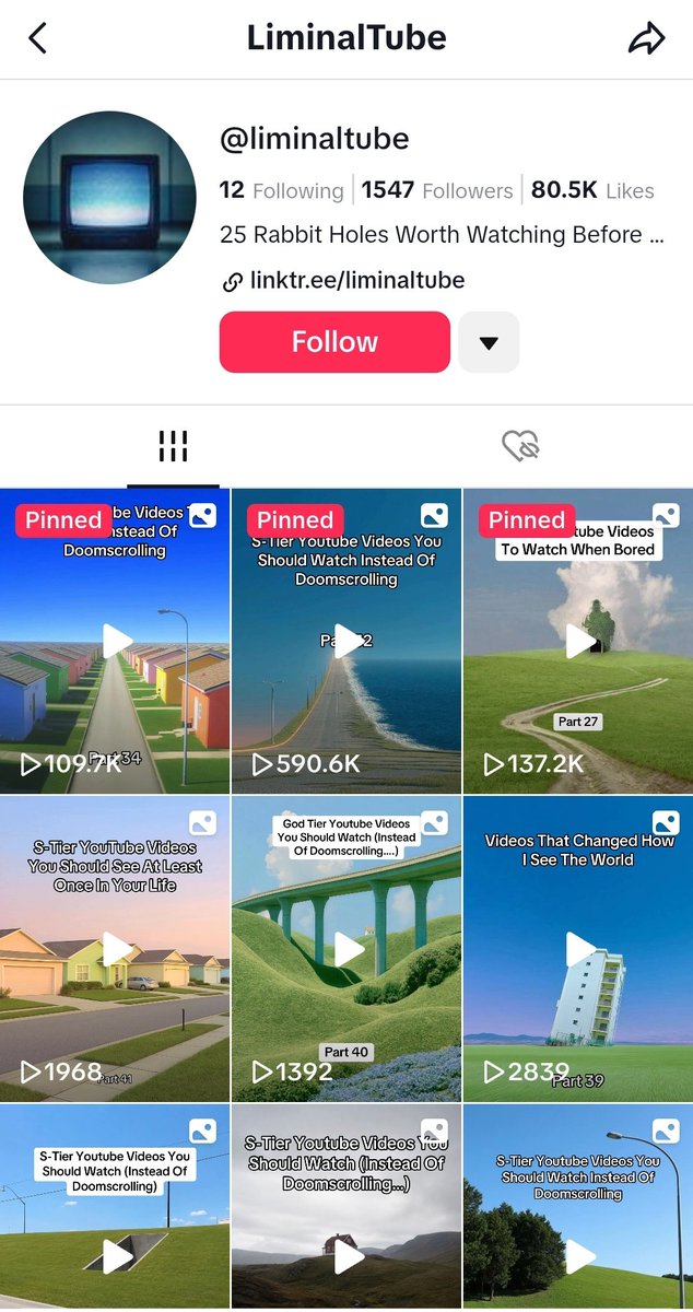 jjustme100's tweet photo. i keep seeing this old method more and more for getting traffic to new youtube videos. you make image carousels on tiktok like "s-tier youtube videos you should watch instead of doomscrolling", stack trusted channels like fern or kurzgesagt in there and sneak one or two of your own videos into the lineup.

the borrowed credibility does the work, people save the list and go hunt the titles down.

also the same guy running this isn't just funneling views either, he's also selling his own little info offer on gumroad off the back of it so he's monetizing both ends at once.