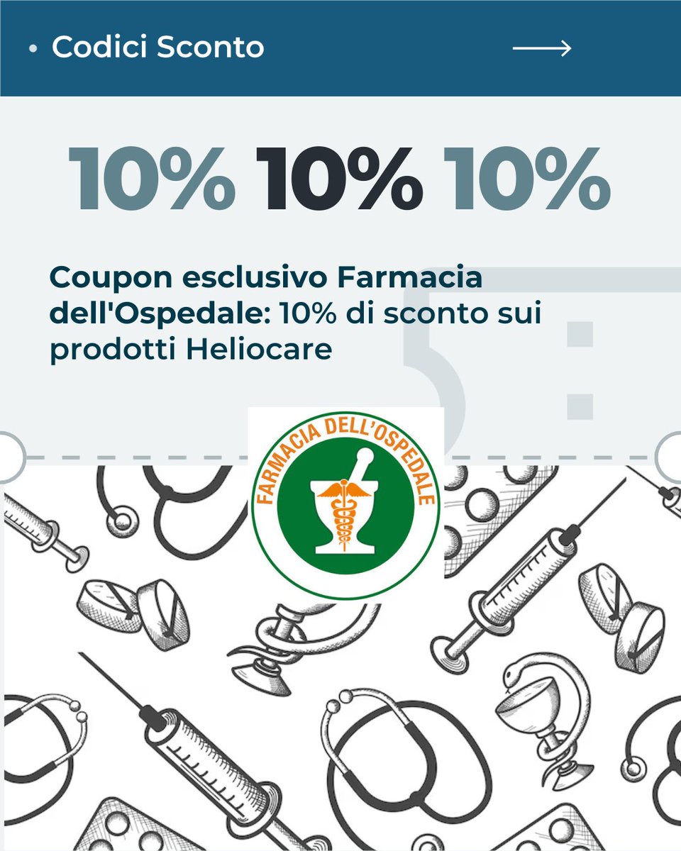 Trovaprezzi's tweet photo. Non perdere il Coupon di Farmacia dell'Ospedale: inserendo il codice a carrello ottieni il 10% di sconto su moltissimi prodotti del  brand Heliocare.
Clicca qui: https://t.co/04v3ALDIKl https://t.co/9xRuZ4SvNC