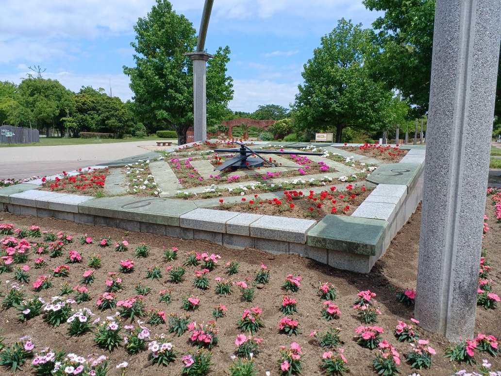 uminakapark's tweet photo. ***花情報***

花時計花壇にて植え替えが行われました！新しく植えられたのは、ダイアンサス（ナデシコ）にマツバボタンなど暖色のお花たちです。

フラワーピクニック期間の花壇とはまた異なる雰囲気の花壇となっています。 https://t.co/fdKgP0jfLO